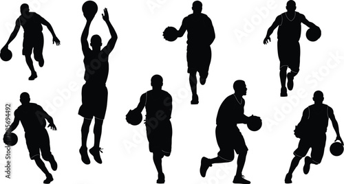 Basketball player silhouettes set collection with athletic men dribbling shooting and jumping isolated on white background for sports competition graphic design and vector illustration