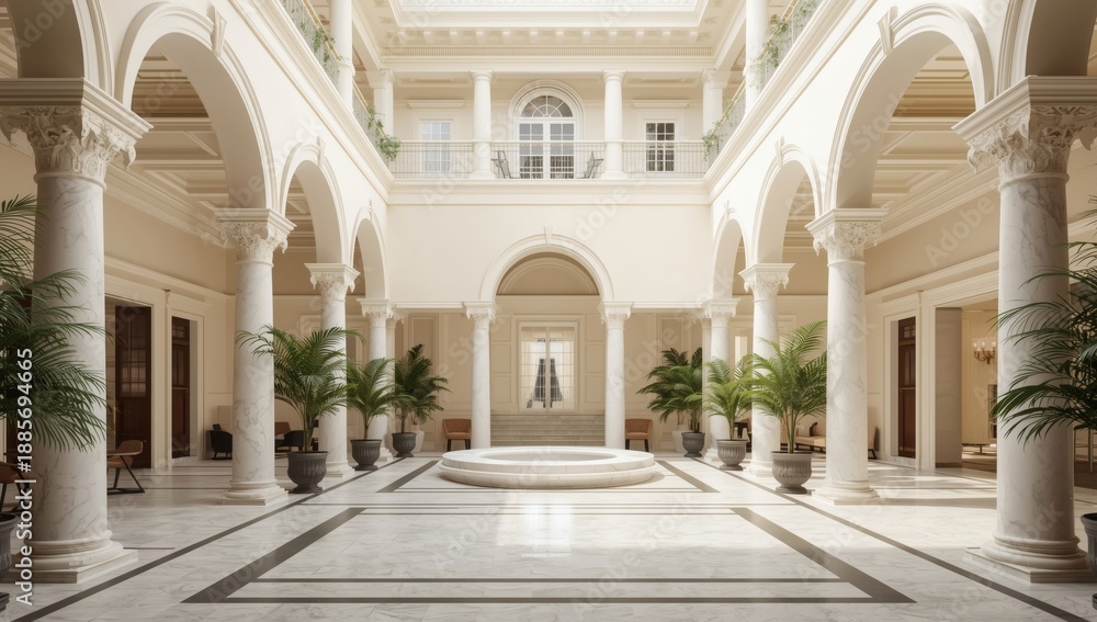 Fototapeta premium Elegant courtyard with ornate white columns a central fountain and lush greenery