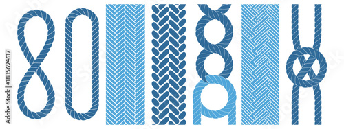 Blue rope line seamless brush pattern, vector illustration on white background