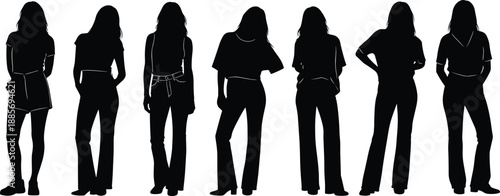 Set of female silhouettes standing in different casual poses, young women figures from back and side view, fashion body shapes isolated on white background