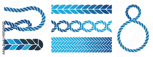 Blue rope line seamless brush pattern, vector illustration on white background