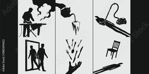 Vector Set of 3 Conceptual Silhouettes of Surreal Domestic Stress and Identity Crisis