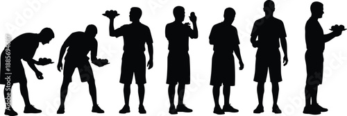 Set of male waiter silhouettes in different standing poses, carrying food trays, professional restaurant service staff sequence isolated on white background illustration