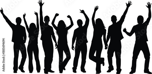 Vector illustration of celebratory silhouettes—symbols for joy, movement, unity, posture, emotion, energy, diversity, gesture, excitement, and expressive body language