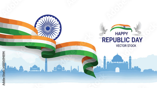 Indian Republic Day Celebration Banner with Flag and Taj Mahal Silhouette