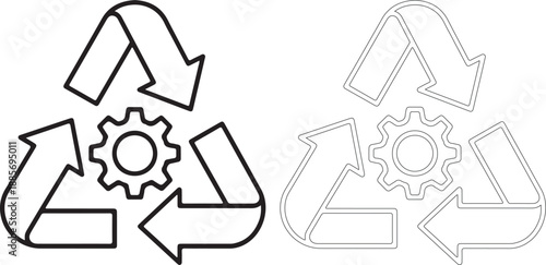 Black and gray recycling symbols with gear on for eco friendly concepts