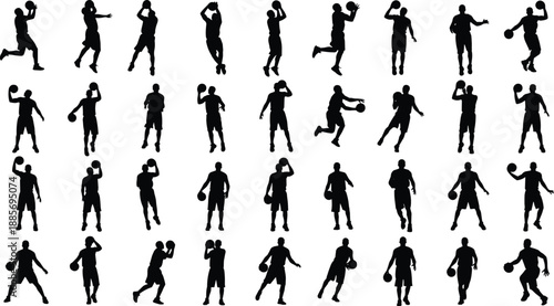 Black Basketball Player Silhouettes Set with Athletic Men Dribbling Shooting and Dunking Poses Isolated on White Background for Competitive Team Sports Vector Graphic Design