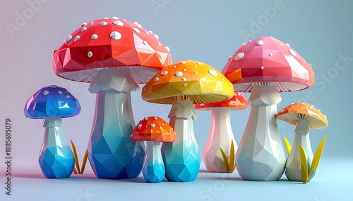 Colorful, low-poly mushrooms in gradient hues with white spots, standing on a pale surface against a soft, blurred backdrop