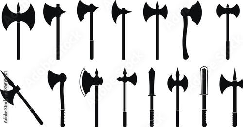 Black Battle Axe Silhouettes Set with Medieval Hatchet Designs Fantasy War Hammers and Ancient Viking Weapon Icons Isolated on White Background for Vector Graphic Design