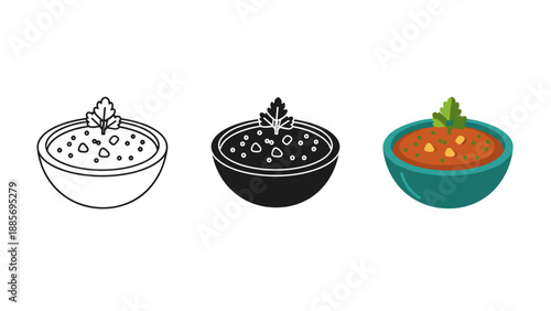 Three bowls of soup with herbs isolated on white background