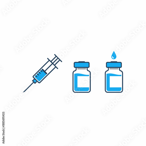Vaccine vial and syringe with liquid drop, essential medical tools for vaccination, health protection.

