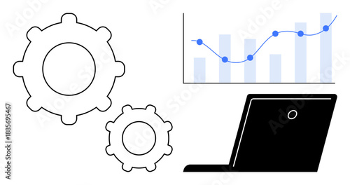 Business optimization, data analysis, productivity, technological efficiency, workflow enhancement, strategy development. Gears beside a laptop with a bar graph and rising line trend. Business
