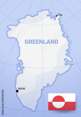 Greenland map with Nuuk and Nord locations political geography Arctic region national flag blue background