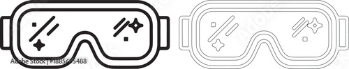 Black and gray line art illustration of goggles with symbols on lenses