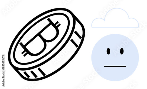 Cryptocurrency, blockchain, cloud storage, emotions, digital assets, future economy. Bitcoin coin next to a neutral face and a cloud. Cryptocurrency and blockchain concept highlighting digital