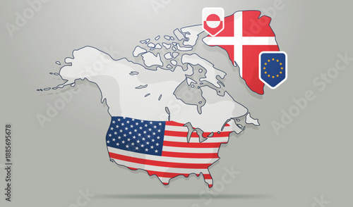 Greenland Denmark United States EU geopolitics map North America and Greenland with national flags political conflict Arctic sovereignty concept