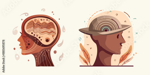 Vector illustration of a human head silhouette wit abstract brain