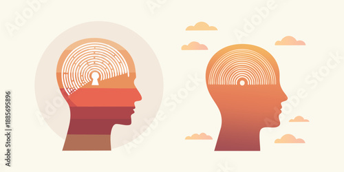 A vector illustration of a head silhouette profile featuring a brain icon to symbolize human mind thinking and creative business communication concepts