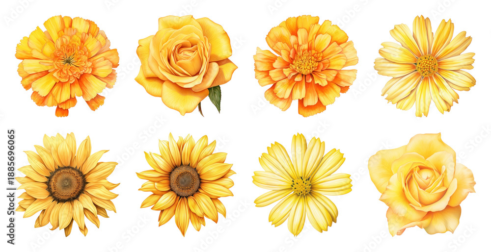 Obraz premium PNG Vibrant yellow floral element set on transparent background