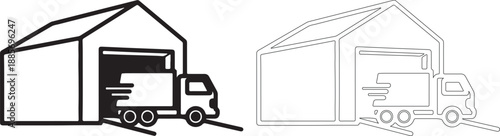 Black and white line art illustration of trucks loading at warehouse