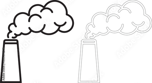 A black and white line drawing of two smokestacks with smoke
