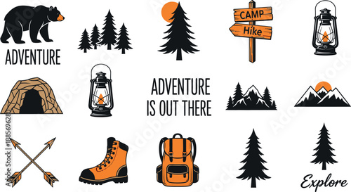 Outdoor adventure icons and symbols for travel and exploration
