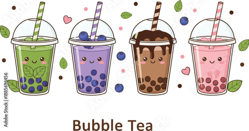Cute bubble tea drinks collection with fruit flavors tapioca pearls and kawaii style flat vector illustration