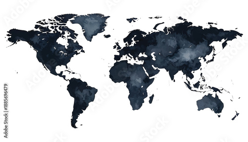 Artistic watercolor map in dark blue and gray hues with a white illutrastion transparent background