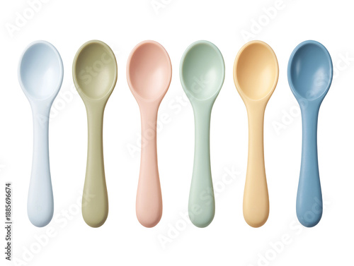 A collection of colorful spoons, each with a unique hue. The spoons are arranged in a row, showcasing a variety of pastel shades.  Isolated Transparent Background, PNG