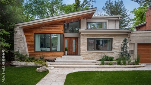 facade. Modern residential architecture with clean lines, bathed in neutral tones under daylight. real-estate listings.