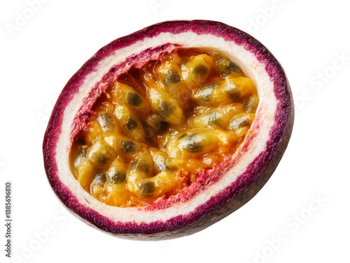 A sliced passion fruit showing its juicy pulp and seeds. A tropical delicacy ready to be enjoyed Isolated Transparent Background, PNG
