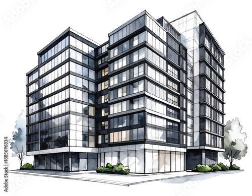 Modern glass and steel office building with clean lines watercolor illutrastion transparent background