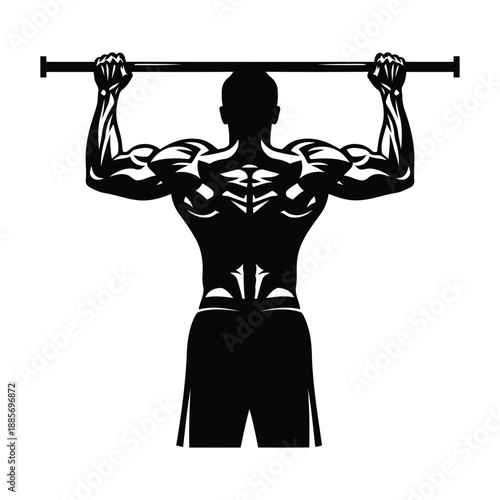 Silhouette of Muscular Man Performing Pull-ups on Bar Keywords: man, muscular, bodybuilder