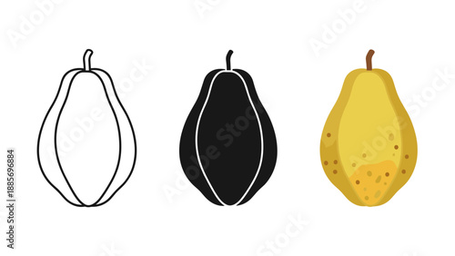Three pears in different illustration styles on white background varying from outline to colored