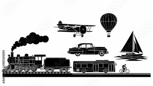 Collection of vintage and modern transportation vehicles and modes.