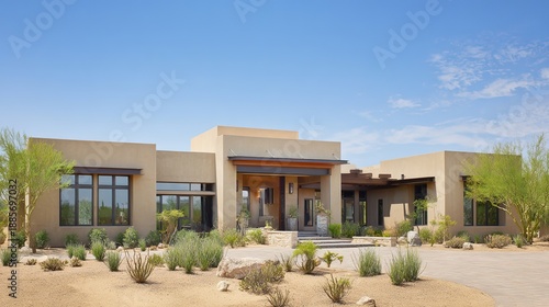 facade. Modern residential architecture with clean lines, bathed in neutral tones under daylight. real-estate listings.