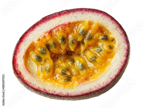 Half of a passion fruit, revealing its vibrant interior with a delicious and refreshing look Isolated Transparent Background, PNG