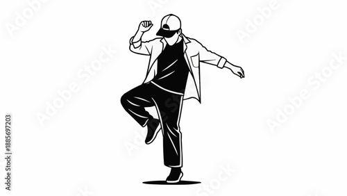 Man dancing in a dynamic pose with a cap and casual clothing.