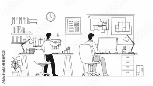 Two architects working on blueprints and computer designs in an office setting.