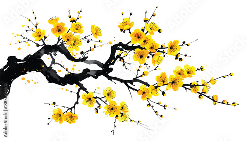 A dark ink-splattered branch with abundant bright yellow cherry illutrastion transparent background