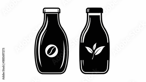 Two bottles one with coffee bean symbol other with tea leaves symbol.