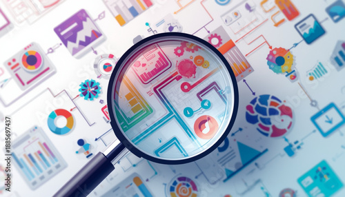 A magnifying glass showing colorful business and finance icons and graphs on a with a focus on data analysis and statistics