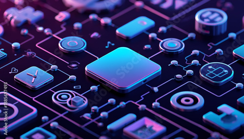 A futuristic 3d illustration of a microchip surrounded by various icons and circuits on a dark blue and purple background with neon lights