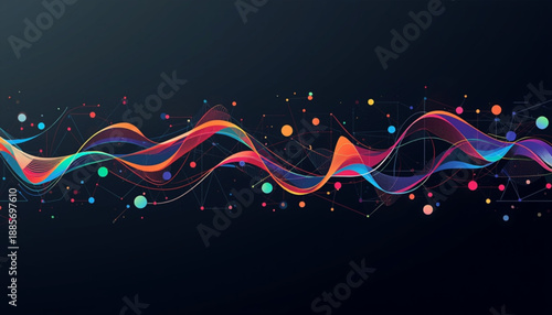 Vibrant colorful wavy lines and particles on dark background with abstract design elements and gradient hues