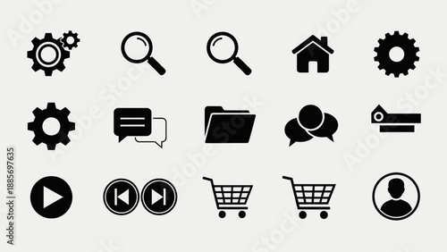 Modern Digital Web and Application Icon Set with Search, Shop, and User Functions in Bright Studio