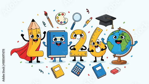 Cute Cartoon School Supplies and Characters Vector Illustration