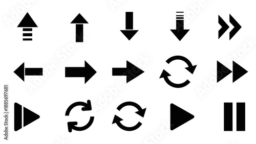 Essential Media Player Controls and Navigation Arrows Icon Set on Isolated White Background