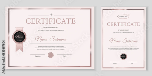 Elegant certificate and diploma templates with a rose gold frame. Modern design with a ribbon and "Best Award" icon. Vector layout for awards, recognition, and business.