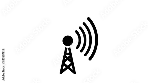 Communication tower antenna transmitting wireless signals, symbolizing telecommunication and connectivity, isolated white background.