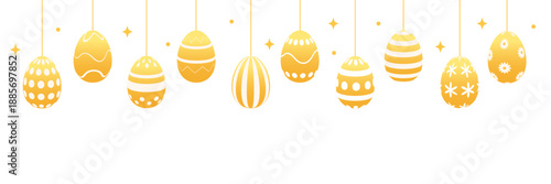 Golden Easter eggs hanging on strings with decorative patterns. Minimal flat holiday banner in warm gold color for spring headers, greeting cards, invitations, posters and seasonal designs.